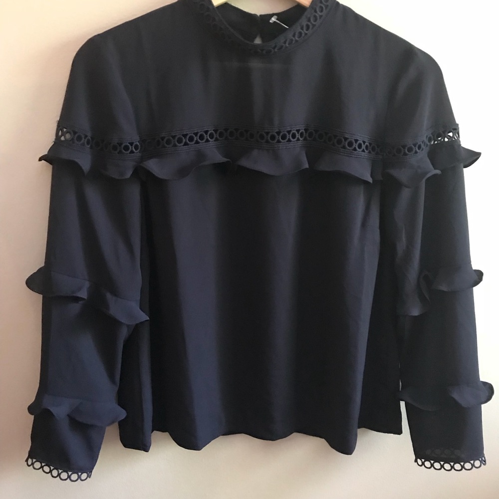 🎀J.CREW🎀 Navy Blue Crochet Ruffle Blouse